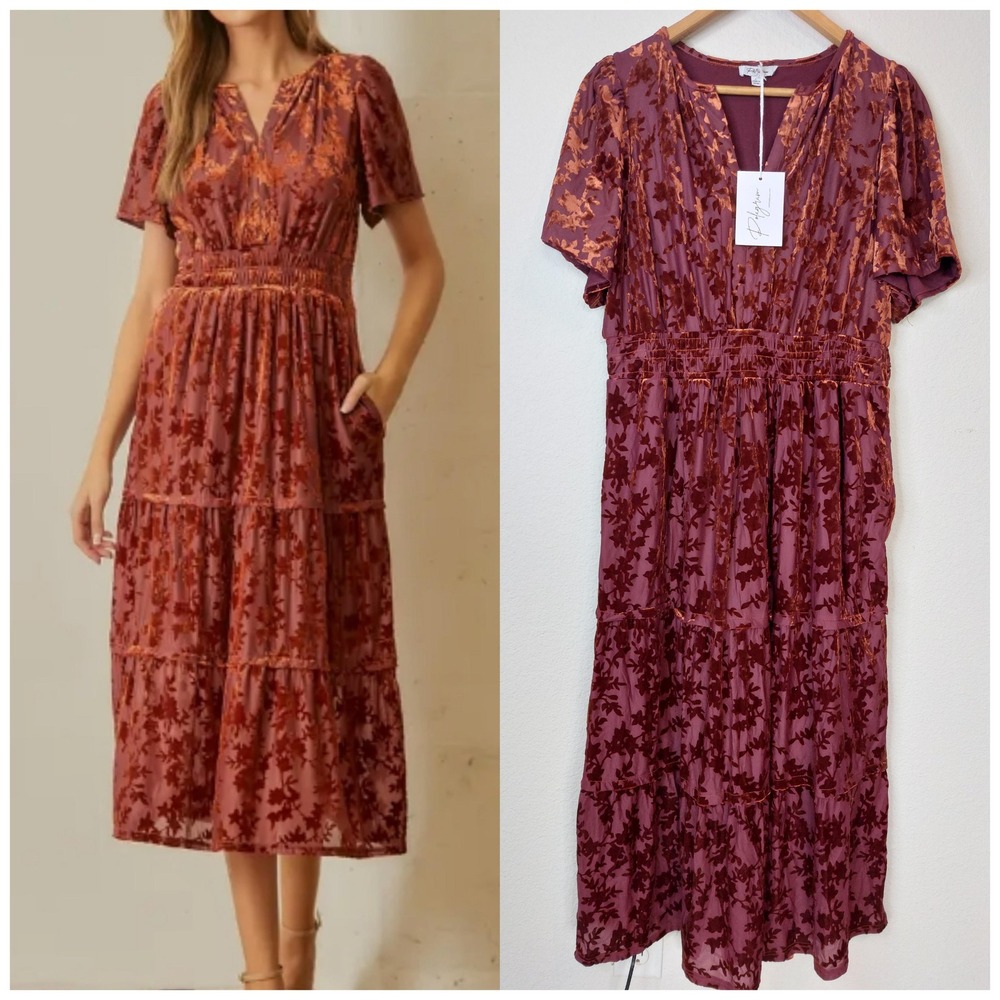 Polagram Burnout Velvet Floral Smocked Waist Midi Dress Size Large NWT
